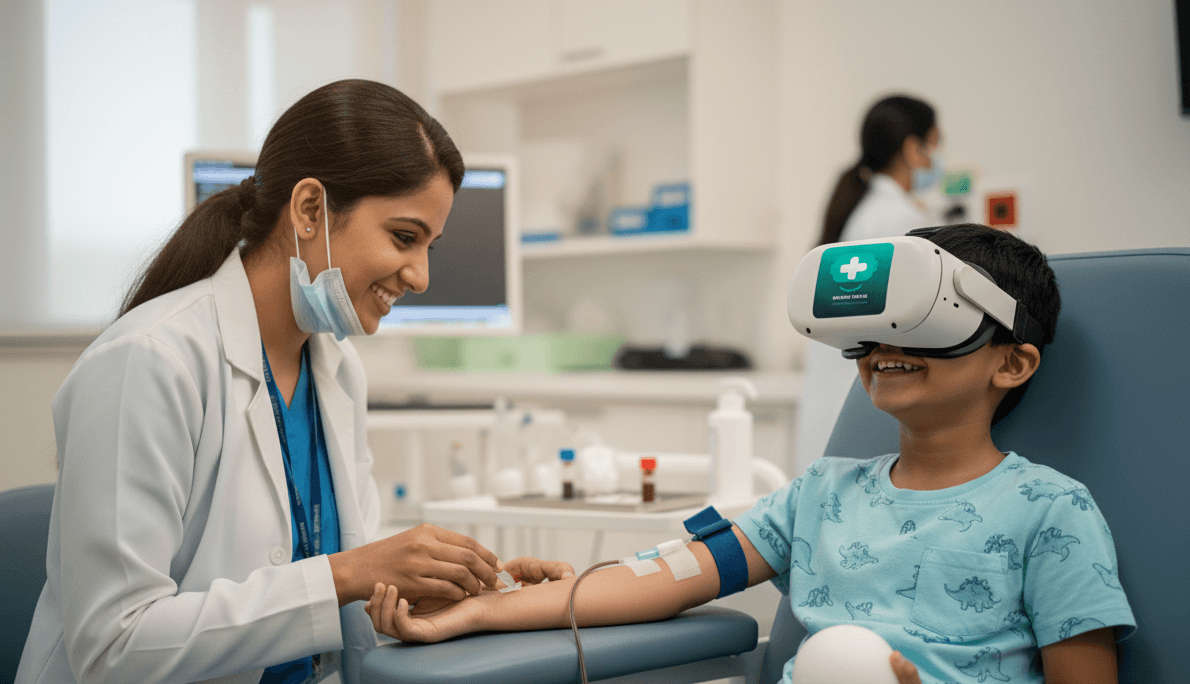 Doctor with child patient using VR headset for pain management during medical procedure